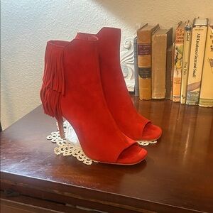 Vince Camuto Red Suede Fringe Stiletto Heeled Boots
